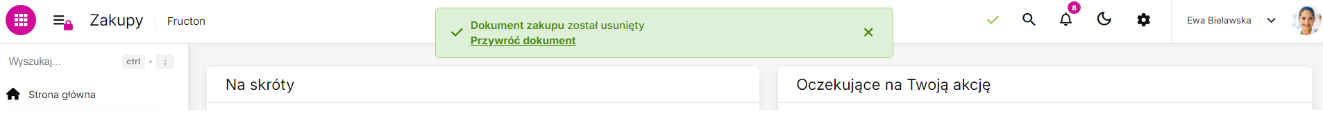 Komunikat umożliwiający cofnięcie usunięcia dokumentu